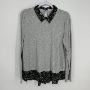 LOFT Faux Layered Sweater L Floral Print Collared Gray Long Sleeves Black